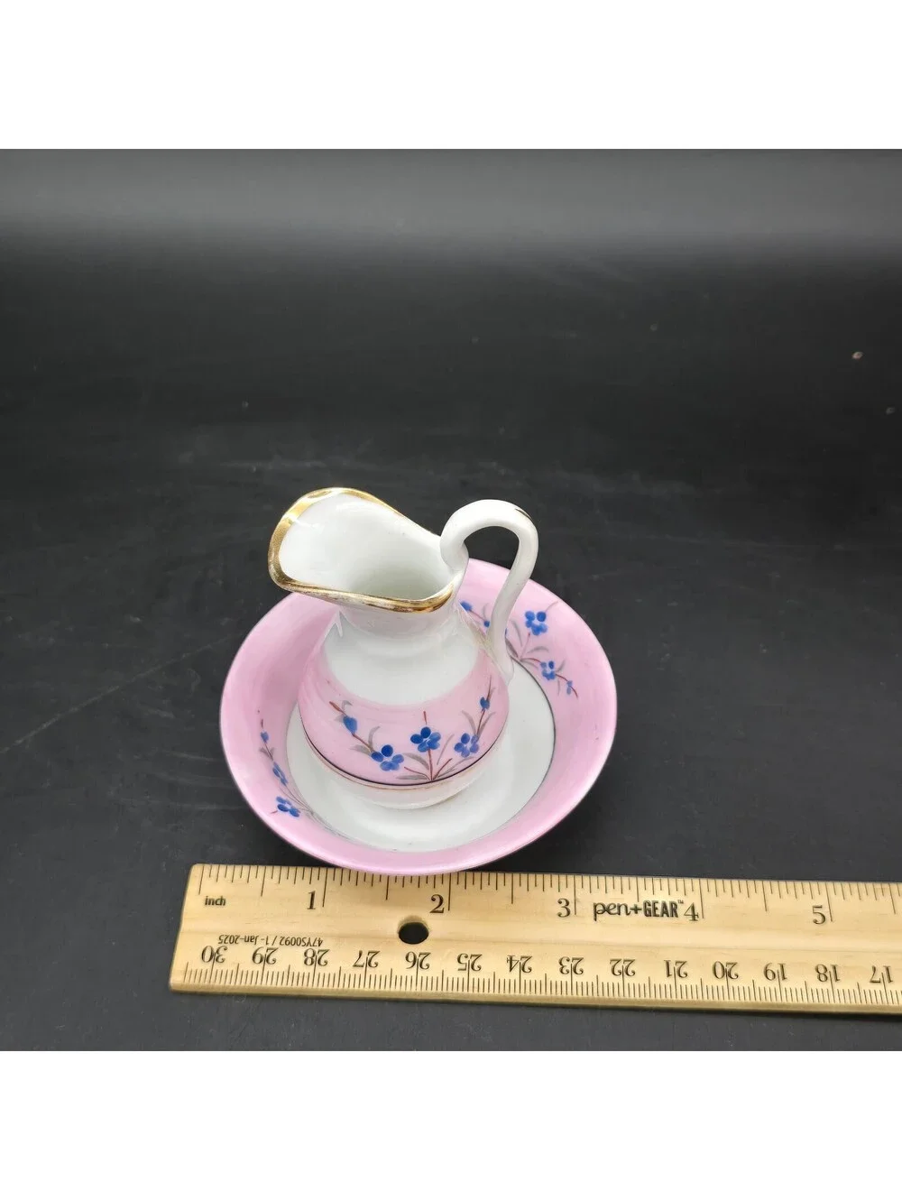 Vintage Miniature Porcelain Pitcher and Wash Basin Pink Blue Floral Gold Trim